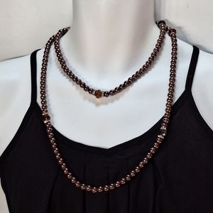 Bronze Glass Pearl, Rhinestone, & Amber Beaded Infinity Necklace